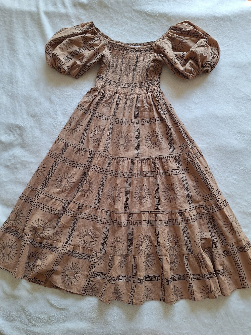Petal & Pup Sun Print Smocked Tiered Puff Sleeve Boho Midi Dress Women's US S